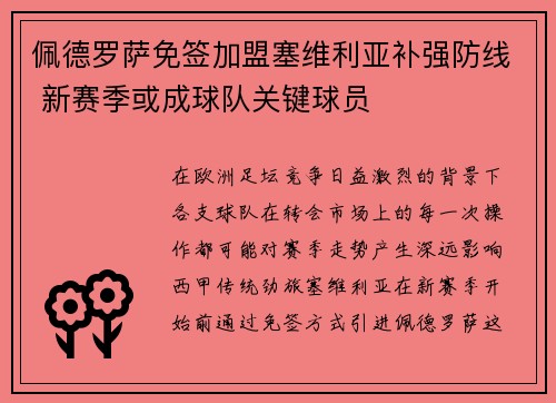 佩德罗萨免签加盟塞维利亚补强防线 新赛季或成球队关键球员